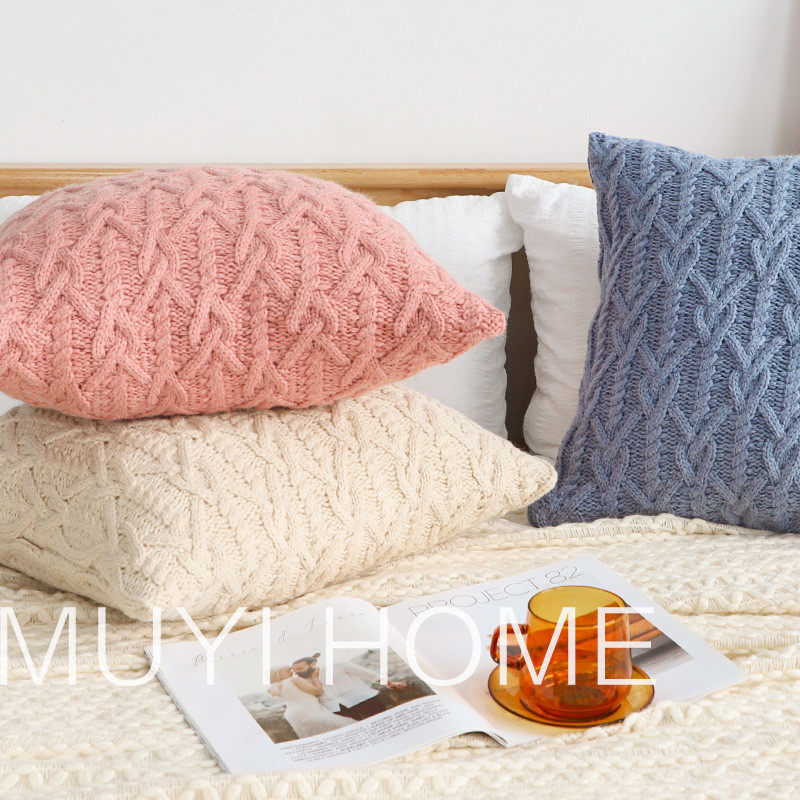 热销oj8f美式慵懒素色大编织抱枕套床上针织粗毛线靠枕民宿沙发靠