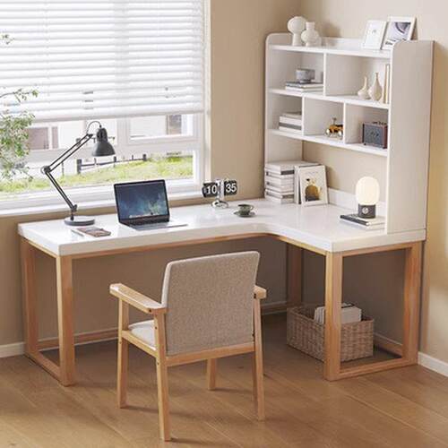 电脑桌转角书桌书架一体l型实木家用办公桌大板靠窗拐角学习桌椅