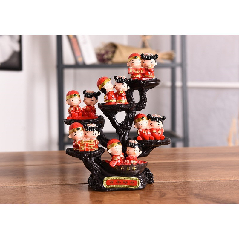 高级感结婚娃娃摆件婚庆小木桩套装工艺品创意客厅桌上摆饰新中式