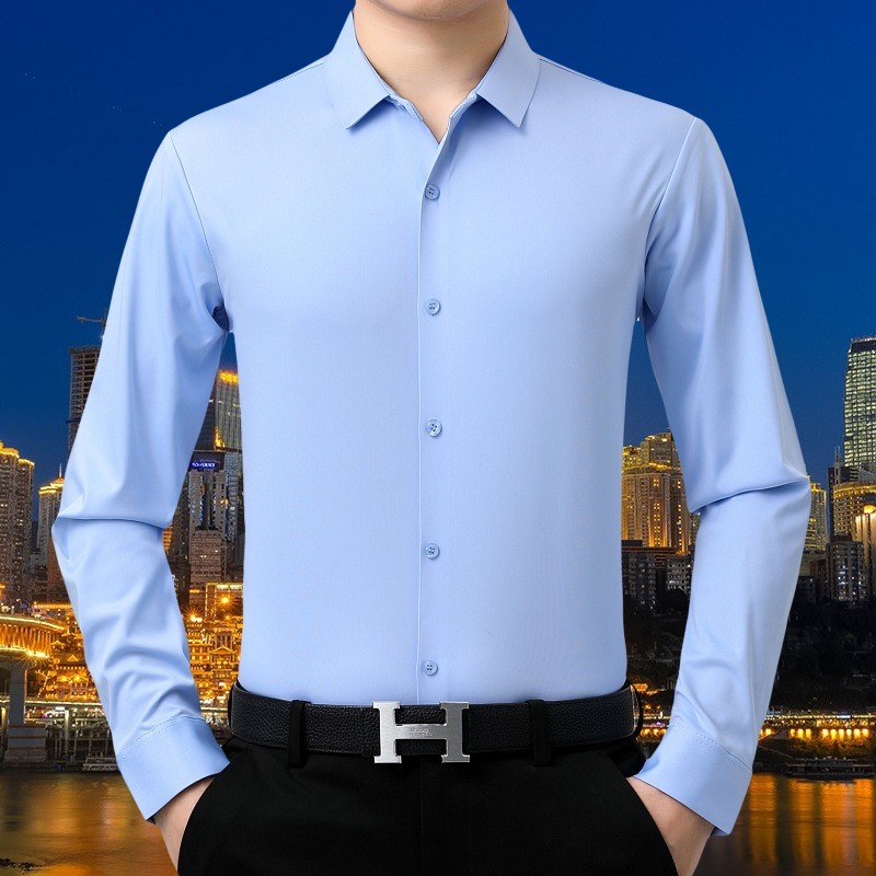批发衬衣2025春装中年男式爸爸装弹力无痕纯色锦氨长袖衬衫5807