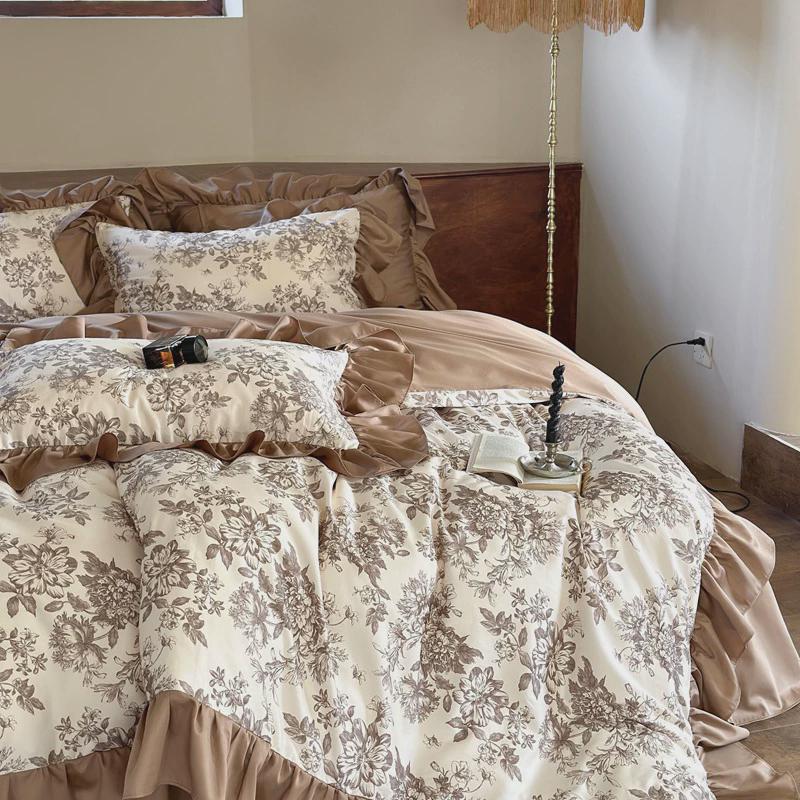 法式磨毛床裙款100S高支长绒棉四件套复古花卉被套全棉赫本风床单