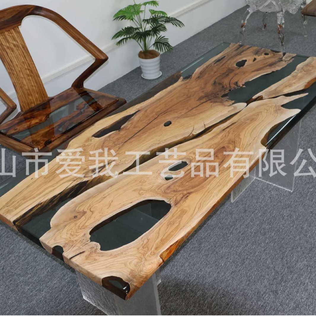 北美黑胡桃大板裂树脂桌大板橄榄木书房冰实木桌原木色北欧餐桌
