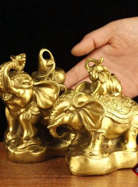 纯黄铜小葫芦对象母子摆件铜大象摆件一对铜象家居工艺品开业礼品