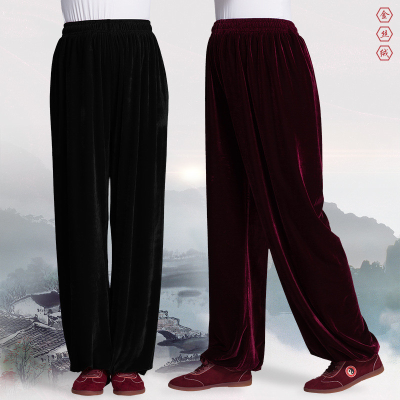 金丝绒太极裤女秋冬季金丝绒太极服男练功裤加厚加绒武术灯笼裤