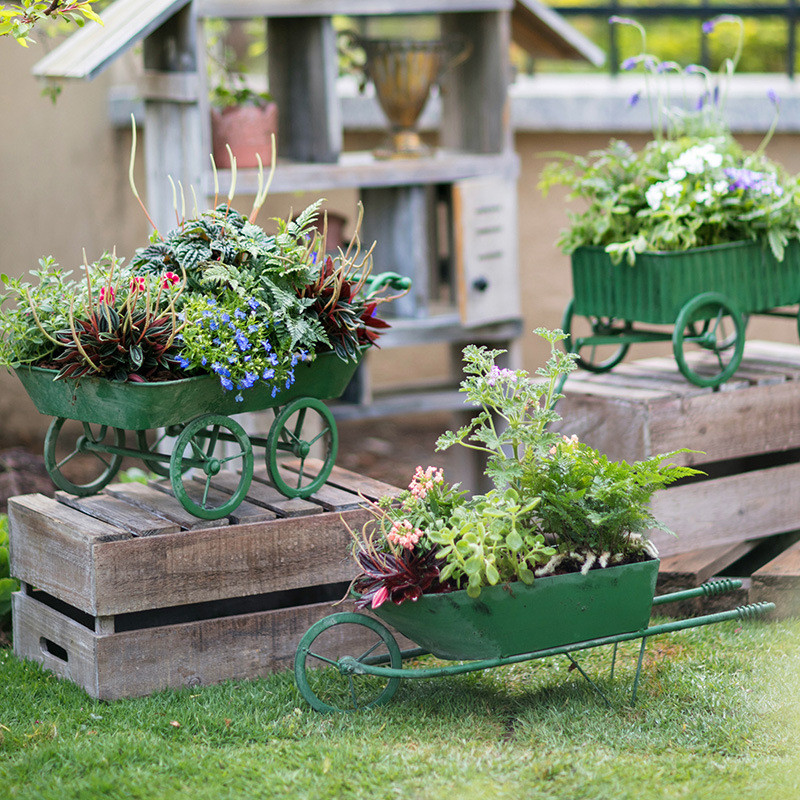 热销复古小推车花车花盆铁艺独轮车杂货花园阳台花器美式乡村田园