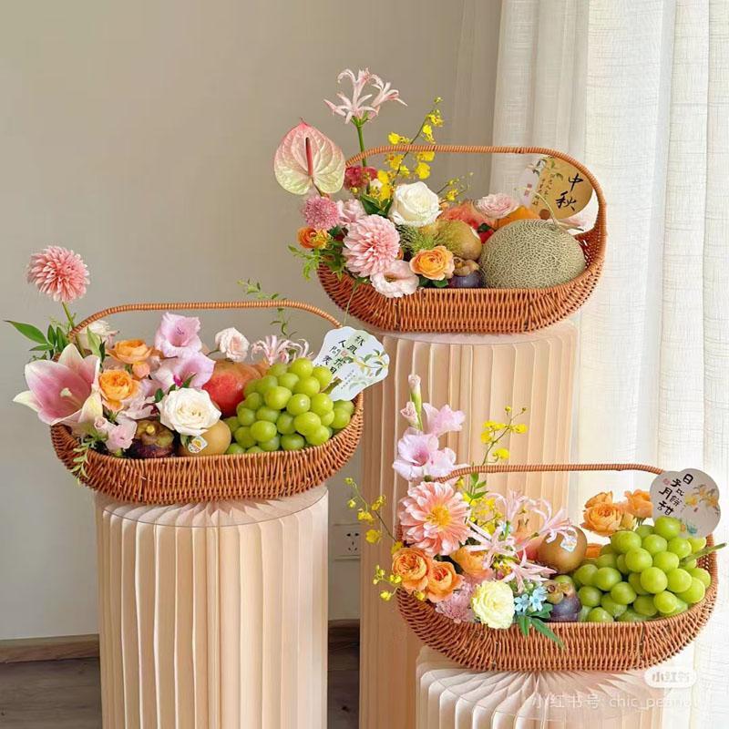 仿藤创意手提水果篮手工野餐红酒插花编织铁艺船形diy中秋送礼蓝
