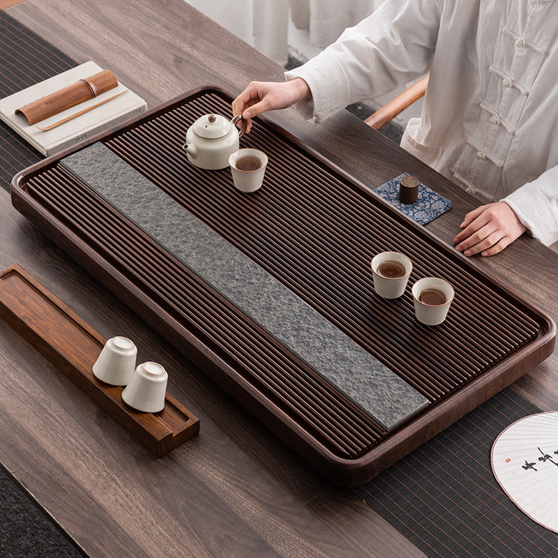 全自动一体式实木茶盘托天然乌金石家用茶海排水简约四合一套装