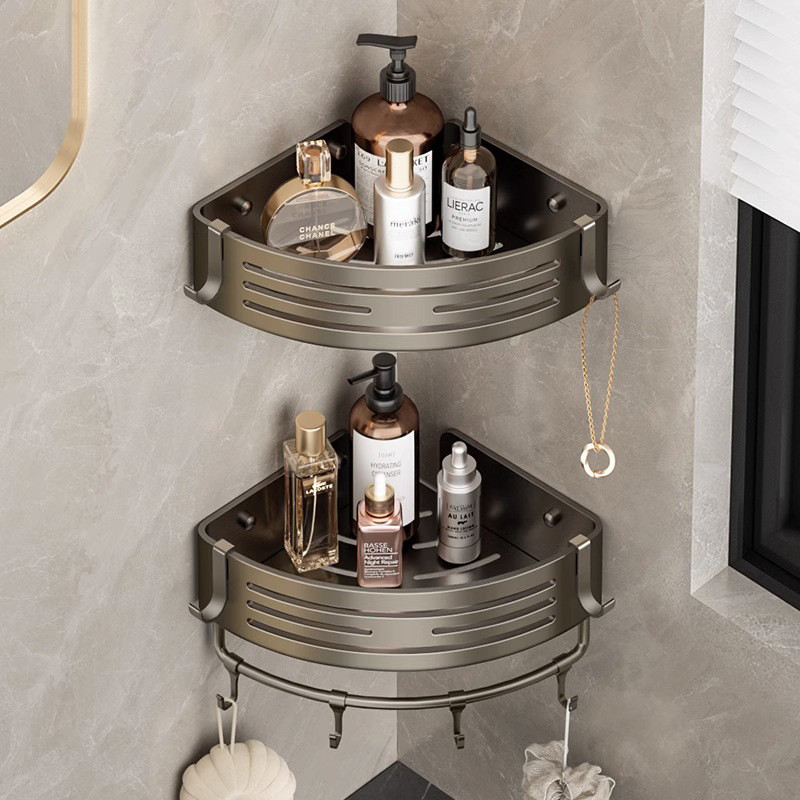 枪灰太空铝浴室置物架免打孔洗澡间壁挂三角篮卫生间挂架单层加高