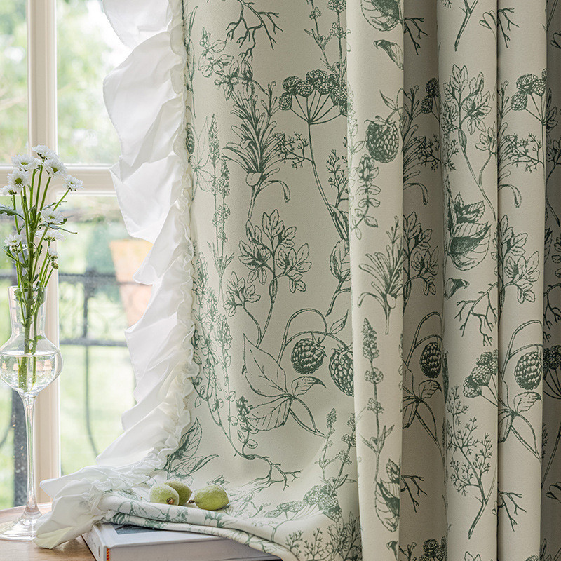 窗帘纱帘飘窗阳台蕾丝白纱成品田园法式花布加厚全遮光印花黑色