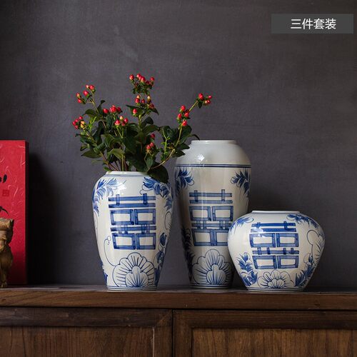 青花瓷花瓶陶瓷器景德镇花瓶插花喜字仿古中式家居客厅小装饰瓷瓶