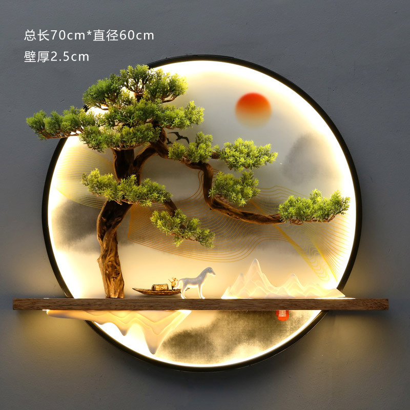 新中式圆形瓷装饰画茶室客厅沙发背景墙装饰晶仿真迎客松挂件挂画图片