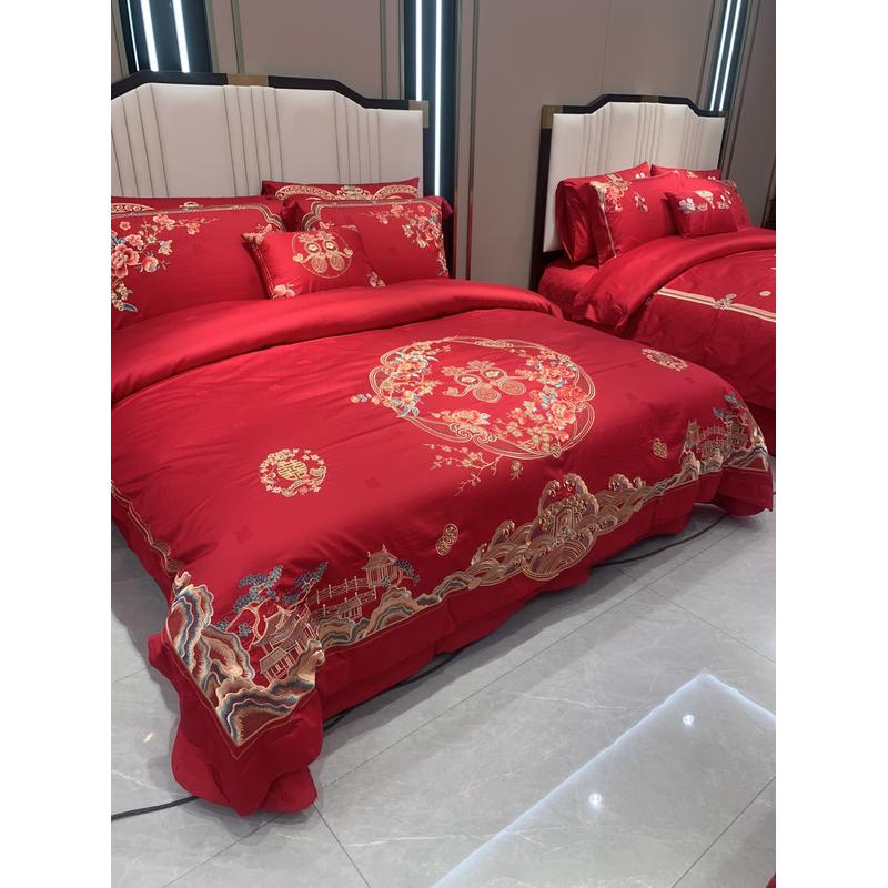 1VPR140s支长绒棉婚庆四件套大红色龙凤婚房喜被子结婚四六十件套