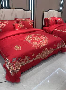 1VPR140s支长绒棉婚庆四件套大红色龙凤婚房喜被子结婚四六十件套