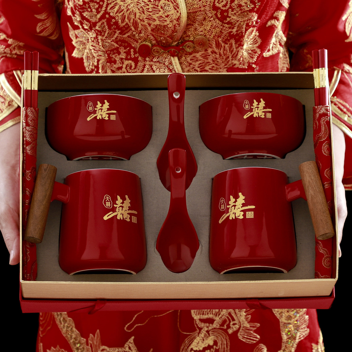 中式大红色喜庆茶杯敬茶杯套装陶瓷红釉婚庆婚礼用品敬茶新人批发