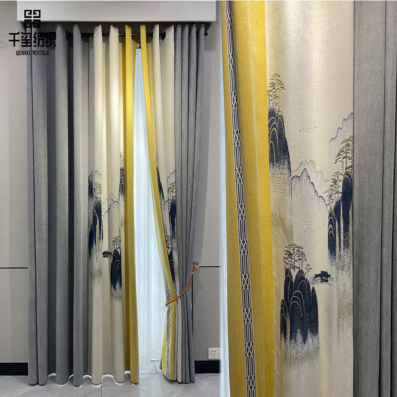 新款中式高档轻奢加厚雪尼尔窗帘布拼接无缝客厅卧室遮光窗帘批发