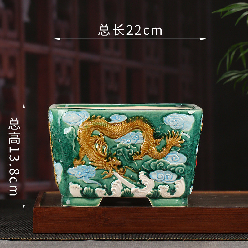 宜兴紫砂浮雕花盆批发复古陶土精品四脚正方形桌面多肉文竹yzfd01