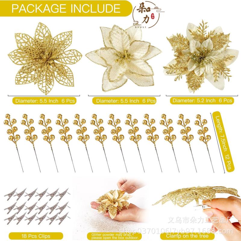 美式一红闪光圣诞花人造浆果精选圣诞树装饰品人造圣诞花朵带夹子