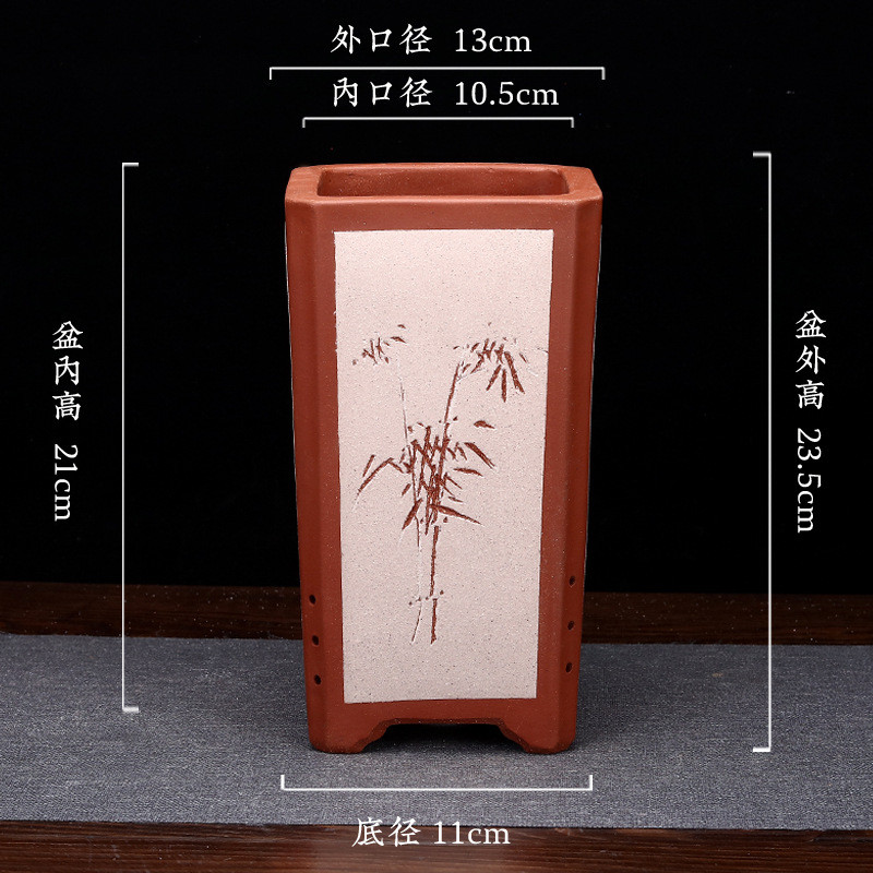 紫砂花盆桌面四方六角签筒刻绘盆景盆君子兰蕙兰个性陶瓷厂家批发