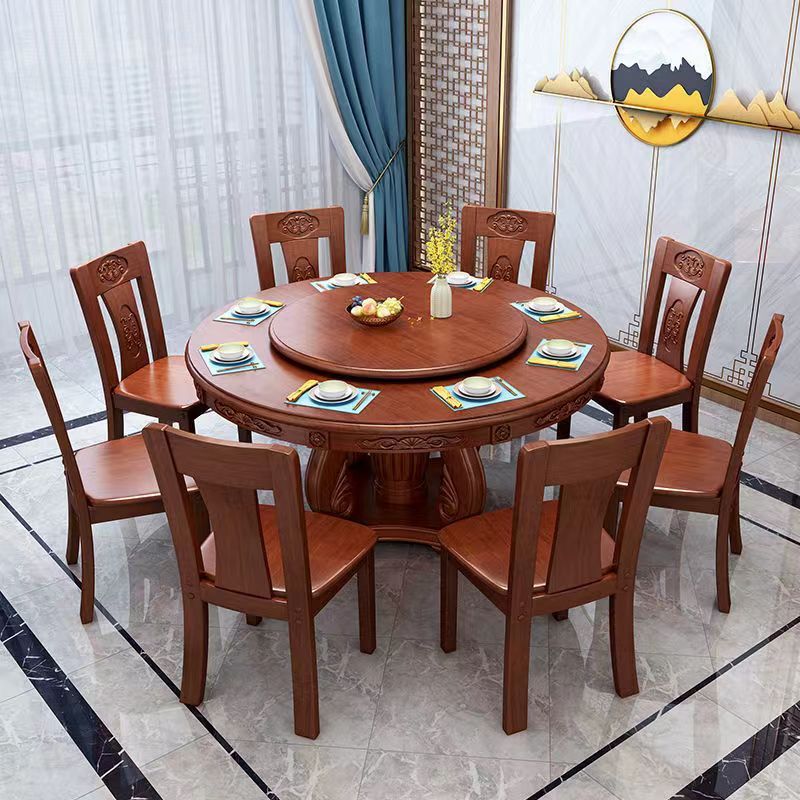 实木圆形餐桌椅转盘雕花6/8/10人中式桌家用饭店餐馆餐桌椅子组合