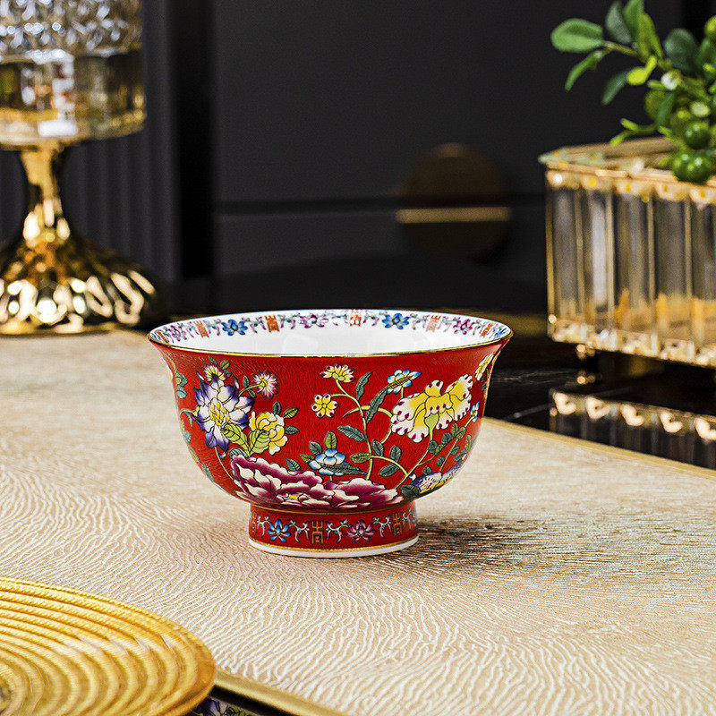 景德镇珐琅彩宫廷御用高脚碗家用米饭碗中式骨瓷高端汤碗金边碗