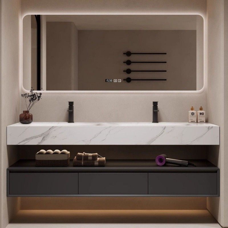 热销av8新款高端岩板热弯一体盆浴室柜组合现代简约