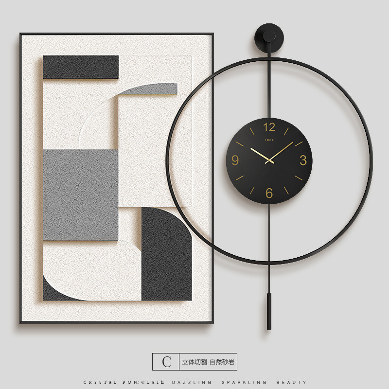 三层立体抽象几何法式奶油风钟表饭厅挂画组合时钟挂钟餐厅装饰画