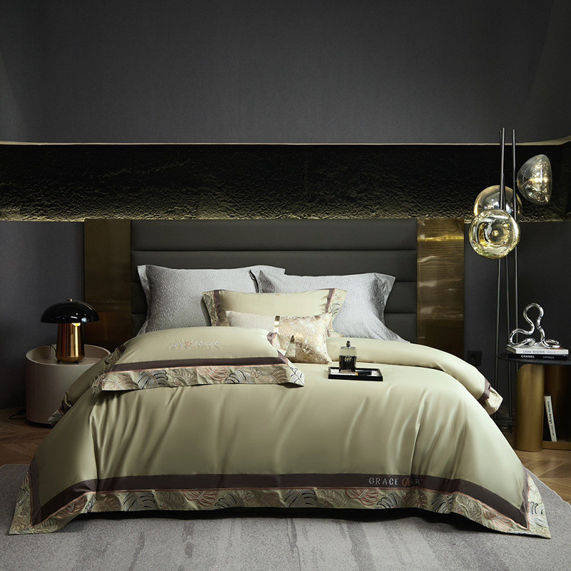 欧式100支长绒棉床盖四件套轻奢夹被套样板间刺绣棉床单轻奢床品