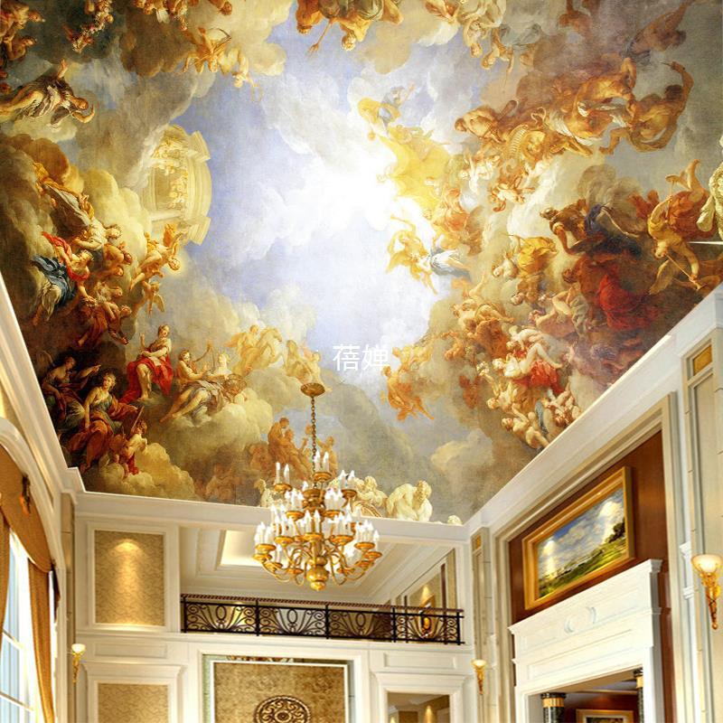 C犕1天花板吊顶奢华壁纸顶棚背景墙纸无缝壁画欧式神话油画人物墙