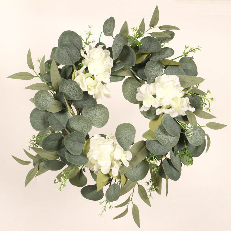 鸿禹仿真绣球花尤加利叶花环花圈壁挂家居装饰品春色铁圈挂件