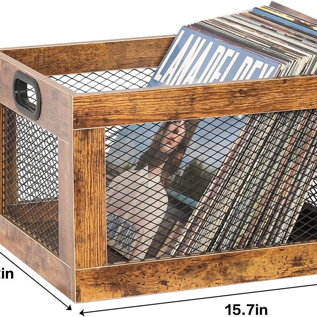 木质铁艺收纳箱桌面唱片办公归纳整理复古风格铁网杂志文件整理筐