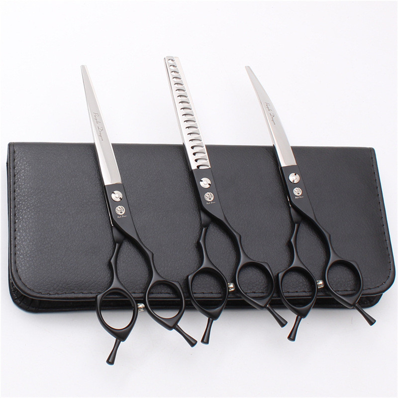 鱼骨7/6.5寸黑色美容套装宠物直剪平剪双尾翘剪上下弯紫龙牙剪