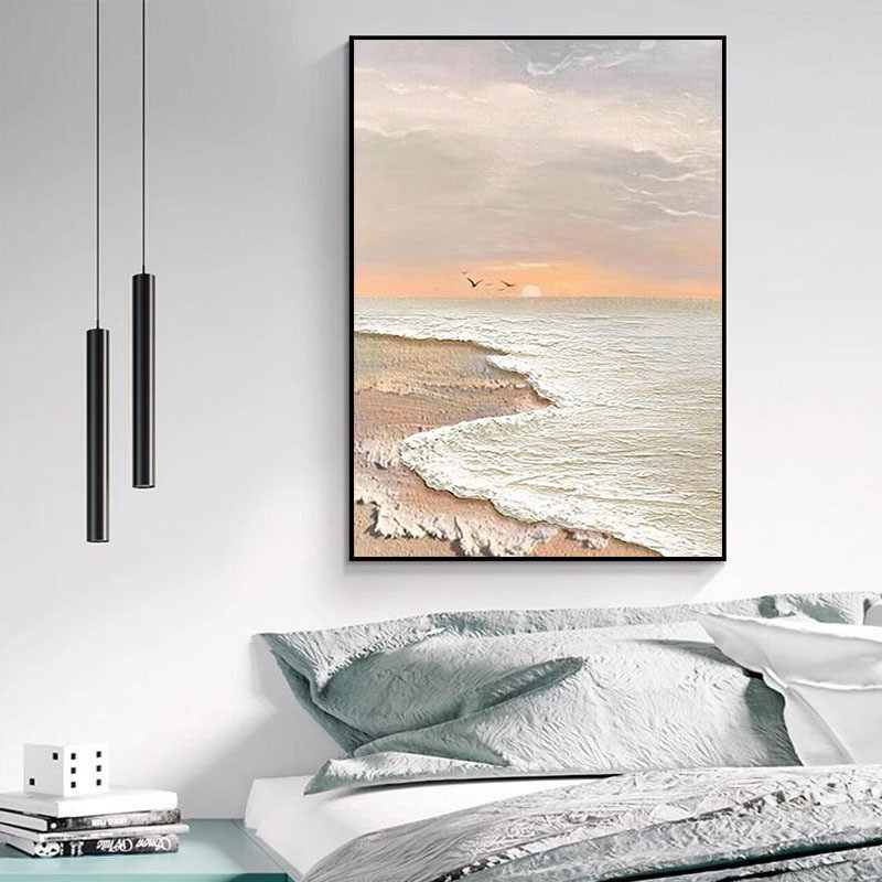 纯手绘油画轻奢奶油风景客厅背景墙现代装饰画海景日出风卧室壁画