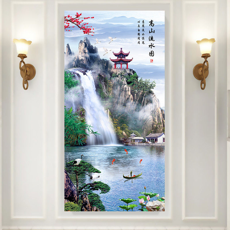 流水生财山水风景画玄关画自粘走廊过道壁画贴纸竖版装饰贴画墙贴