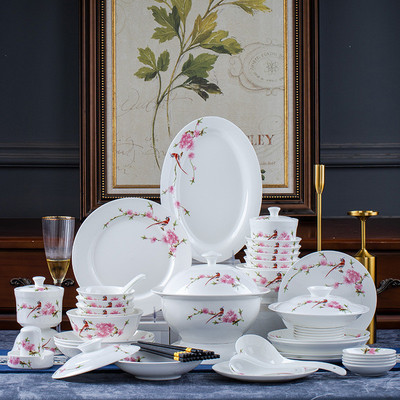 中式陶瓷餐具景德镇碗盘碟水点桃花骨瓷米饭碗菜盘子家用结婚乔迁