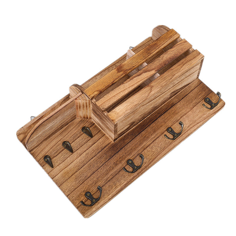 进门钥匙收纳架入户玄关整理木质置物架桐木烧色实木衣帽墙面壁挂