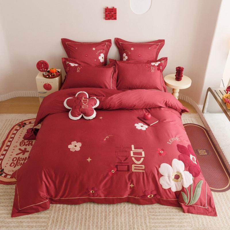 1新中式婚庆四件套全棉100支长绒棉刺绣花卉喜被套红色结婚床单品,床上用品,床品套件/四件套/多件套,淘宝优惠券,粉丝福利购,淘宝优惠卷