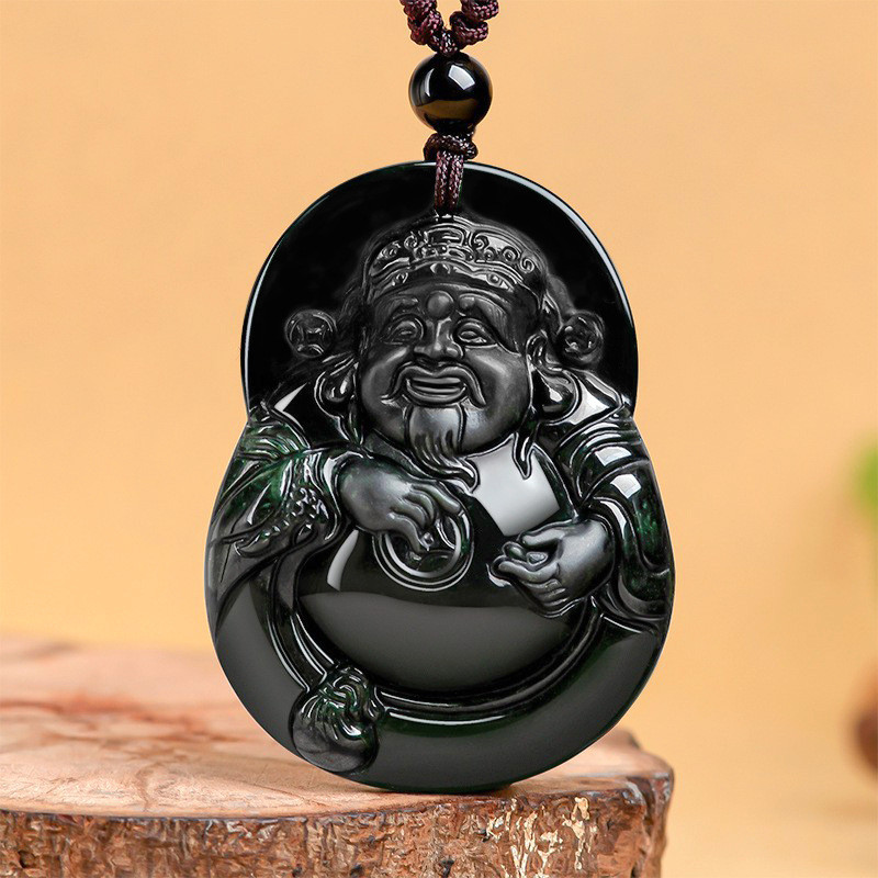 天然墨翠通财翡翠a货财神玉石吊坠墨玉冰种挂件玉坠四会玉器包邮