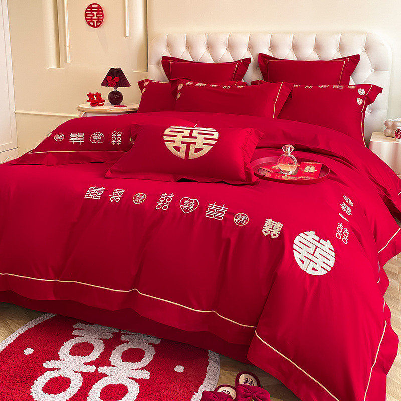 婚庆四件套中式红色刺绣婚房婚礼绣花喜被龙凤结婚被套床上用品4