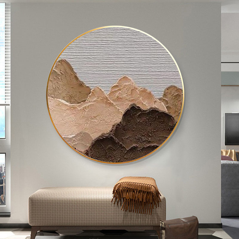 纯手绘油画背有餐厅装饰画圆框画抽象肌理玄关客厅靠山圆形挂画