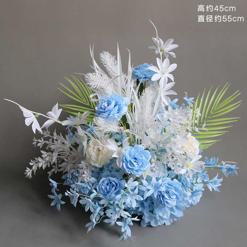 婚庆路引花蓝色系盆花T台舞台背景迎宾花艺婚礼堂花点宴会厅