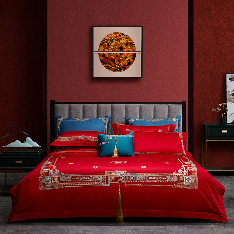 大红色100支长绒棉新品刺绣婚庆四件套