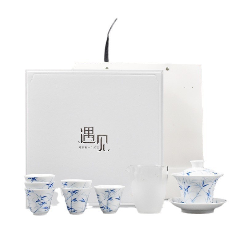 釉下手绘白瓷功夫茶具套装复古竹子陶瓷盖碗茶杯整套商务礼品定制