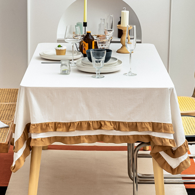 棉布法式风格双层木耳边桌布水洗罗南阳台茶几盖巾圆桌方桌布台布