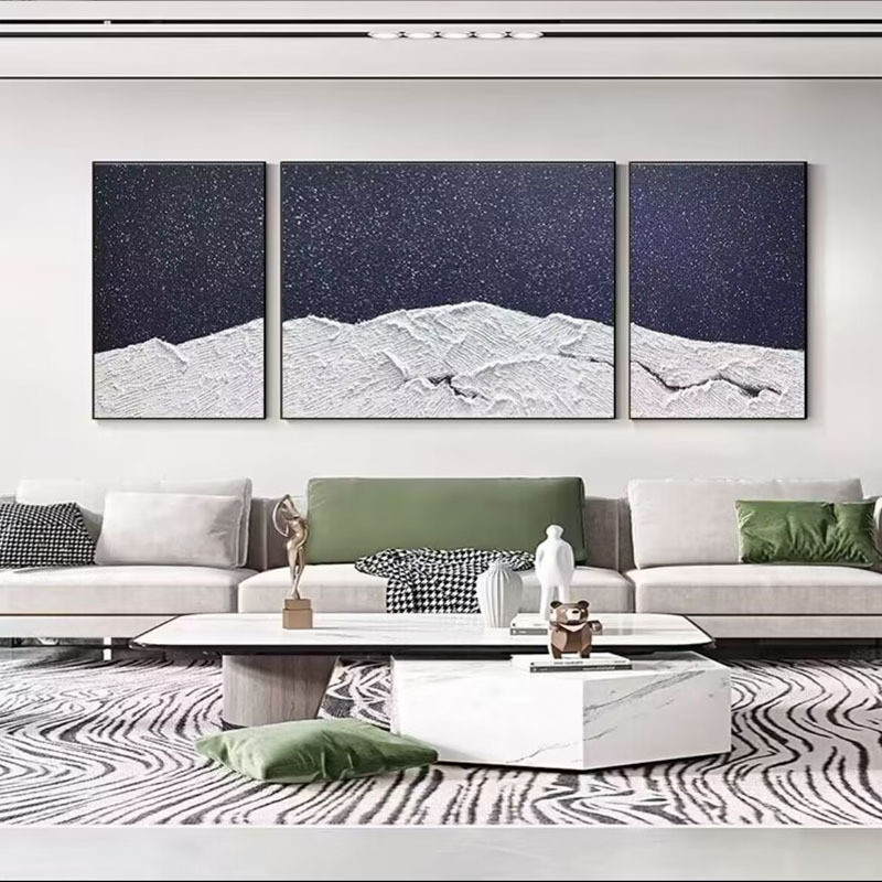 纯手绘油画黑白沙滩海浪肌理三联立体砂岩客厅背景墙装饰画画现代