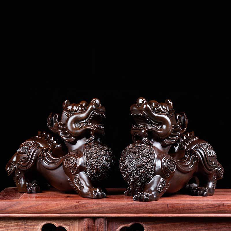 木雕店铺大号实木质皮丘家居客厅貔貅摆件一对办公室装饰开业礼品