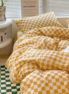 m3no批发棋盘格富士商店】in【蓝色简约床上四件套被套三