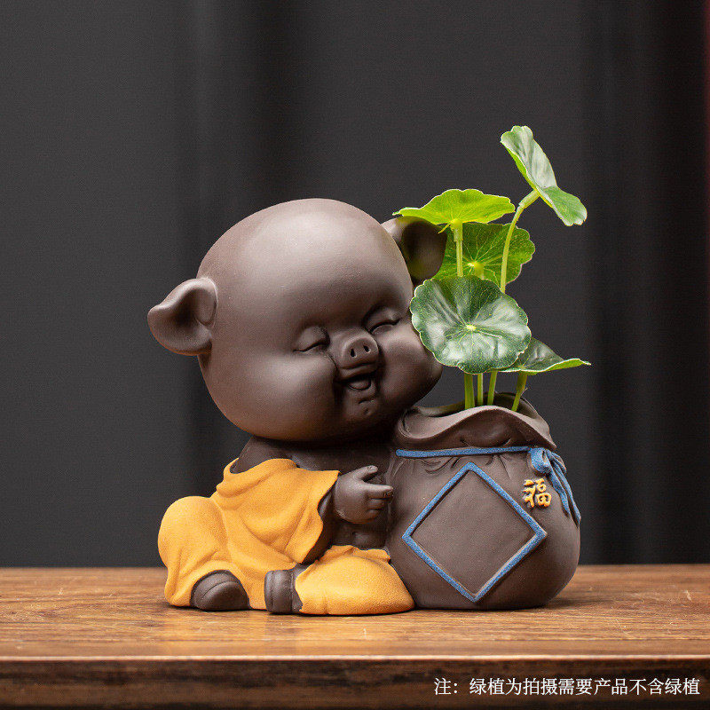 水培职务创意可爱小猪花器茶宠家居摆件装饰茶台茶具摆设陶瓷花盆