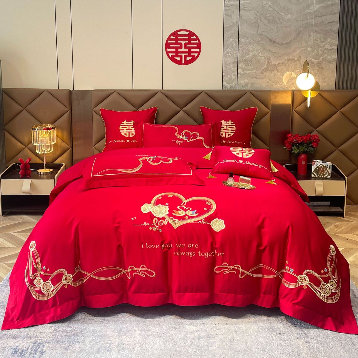 婚嫁床上四件套大红色被套婚房用品陪嫁40刺绣长绒棉支1.8米床