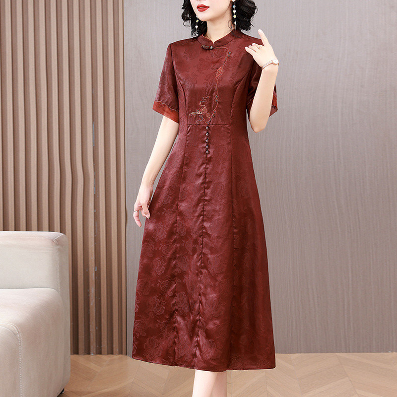 新品香云纱桑蚕丝连衣裙真丝新款高端妈妈装喜婆婆婚宴礼服贵夫人