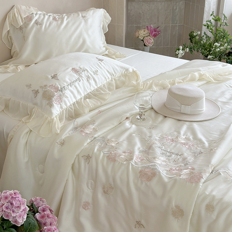 少女心夏季80支兰精天丝夏凉被四件套绣花蕾丝花边可水洗空调薄被